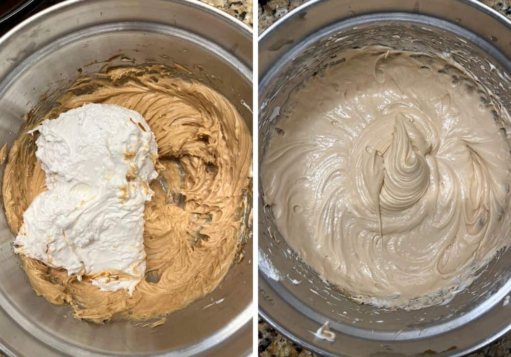 Two photos; one bowl shows marshmallow creme added to the mixing bowl; the other shows the mixture after beating in the marshmallow fluff as well as cool whip.