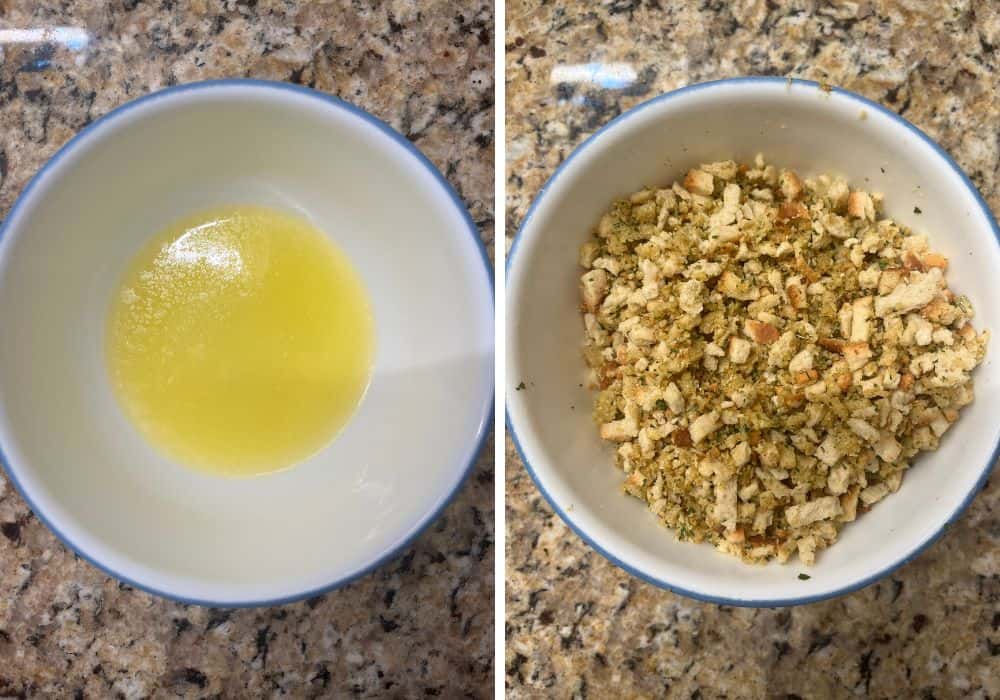 two photos; one shows melted butter in a small mixing bowl; the other shows dry stuffing mix addd to the butter and stirred to coat.