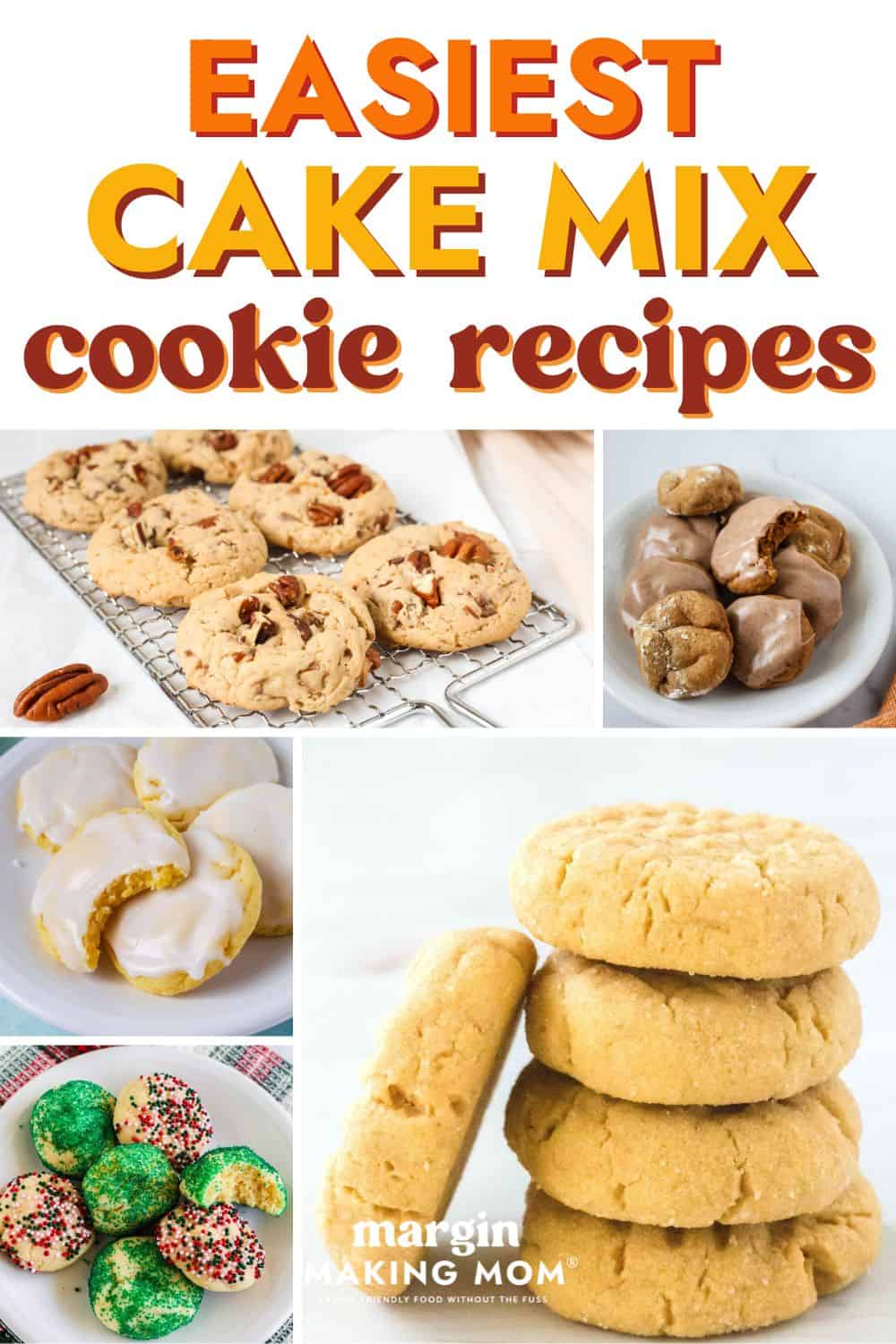 collage image featuring several easy cookie recipes made with cake mix.