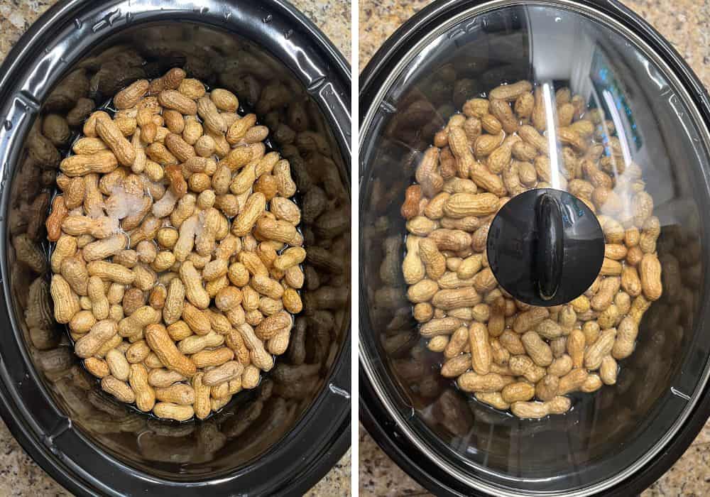 two photos of an overhead view of a Crock Pot slow cooker; in one photo, the raw peanuts are combined with salt and water; in the other photo, the lid is on the Crock Pot while the peanuts cook.