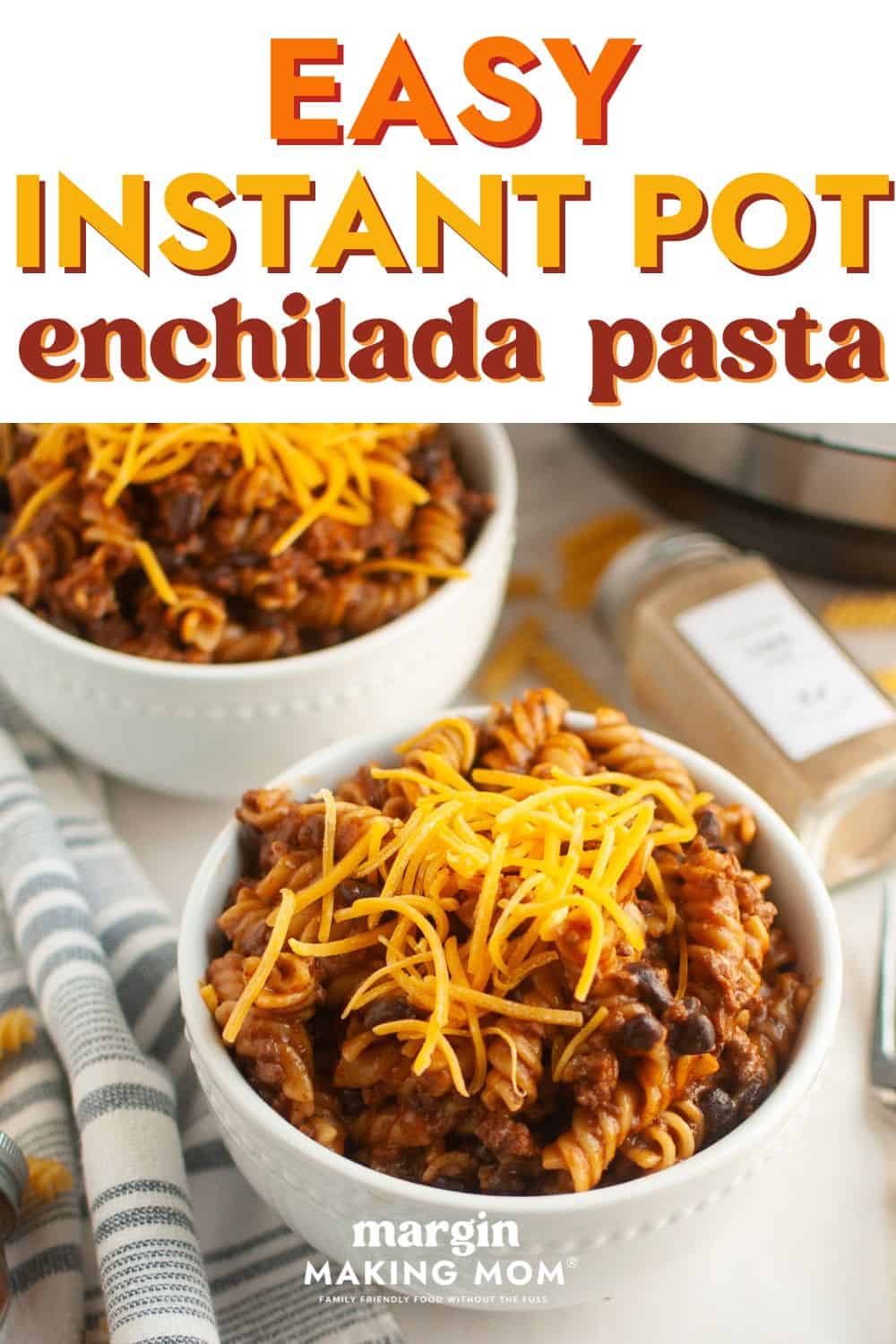 close-up view of white bowls of easy Instant Pot beef enchilada pasta casserole.