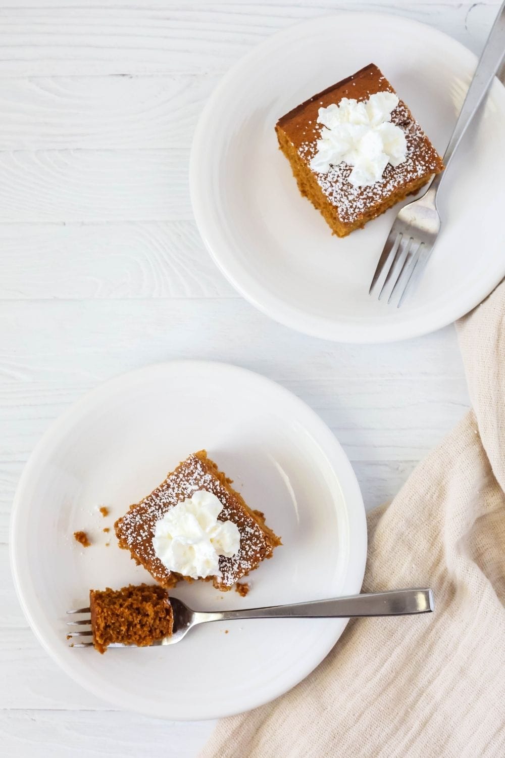 overhead view of two white plates, each with a slice of molasses cake on it.