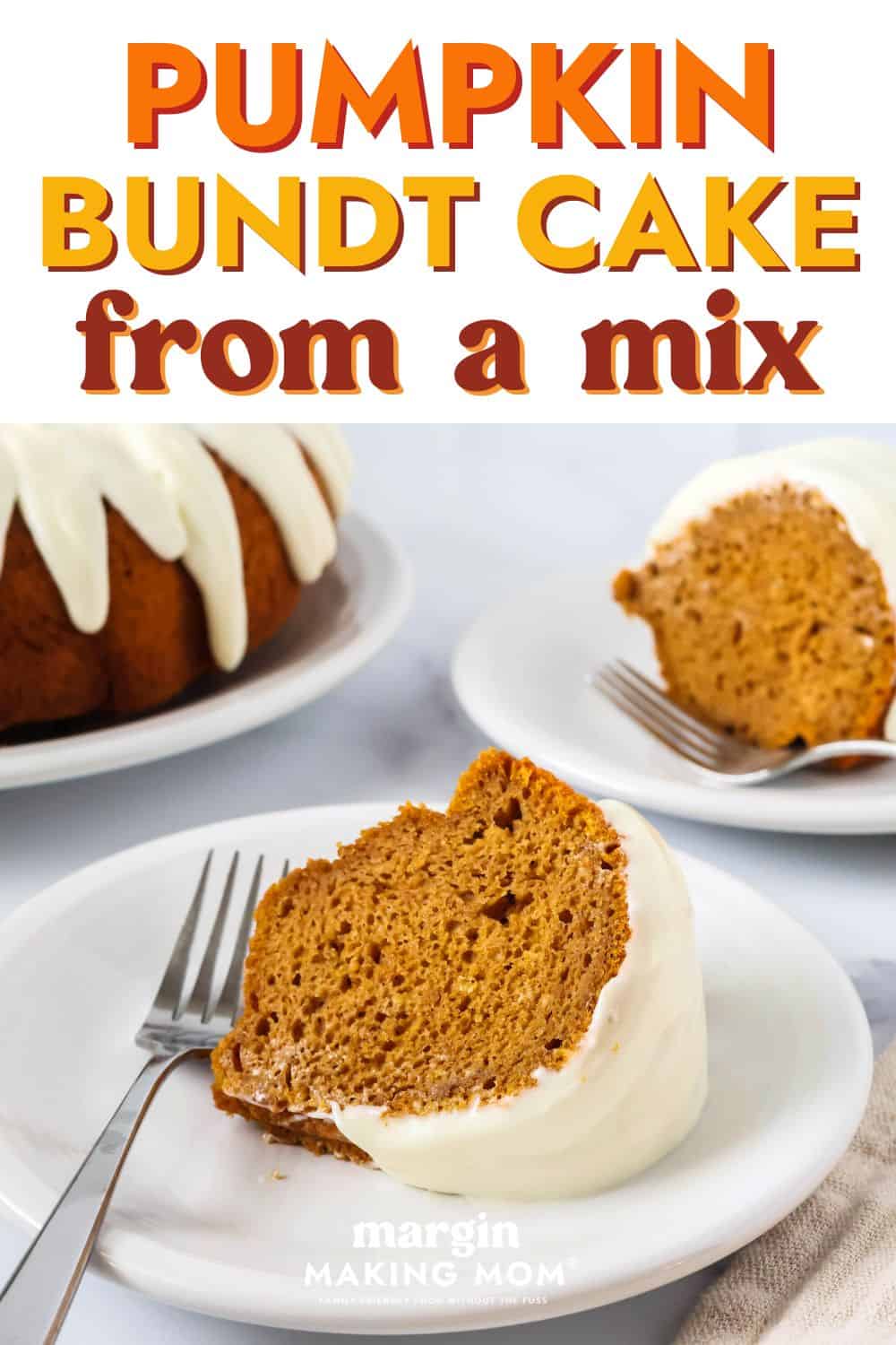 two slices of easy pumpkin bundt cake from a cake mix, served on white plates with forks.
