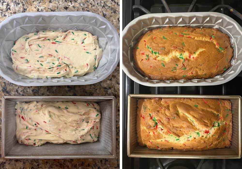 two photos; one shows Christmas bread batter in two loaf pans; the other shows the same two loaf pans with freshly baked Christmas loaves in them.