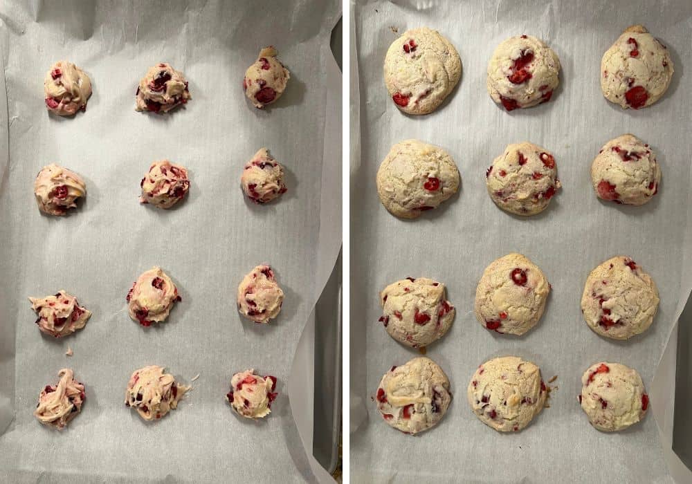 two photos; one shows rounds of cranberry orange cookie dough on a parchment-lined baking sheet; the other shows the freshly baked cookies on the baking sheet.
