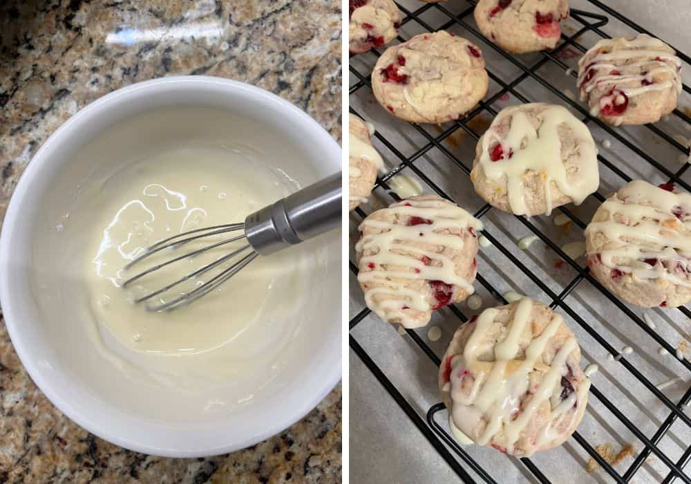 two photos; one shows a whisk in a bowl of orange glaze for cranberry cookies; the other shows the glaze drizzled over the cranberry orange cookies on a wire rack.