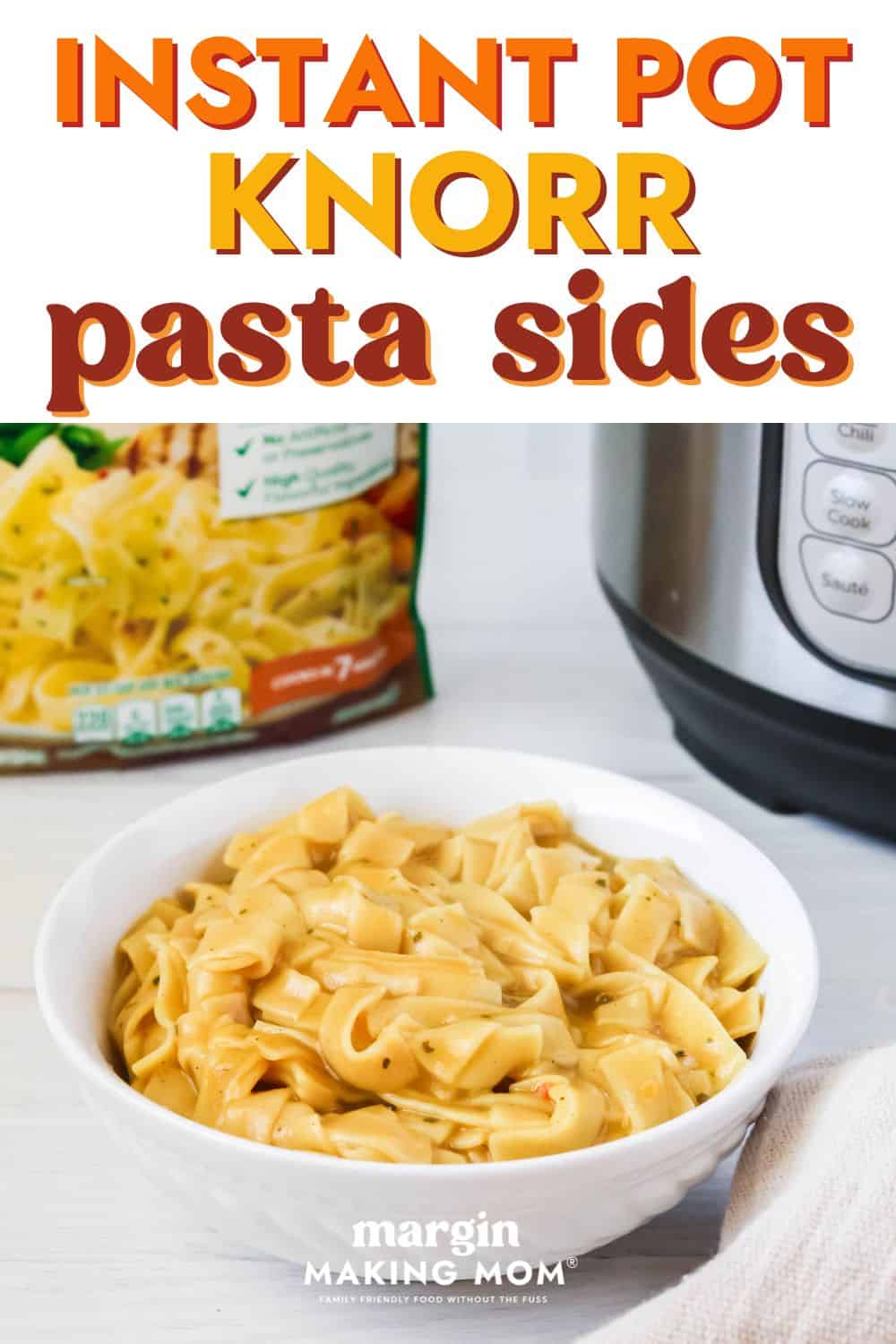 a white bowl of Instant Pot Knorr pasta sides in front of an Instant Pot pressure cooker.