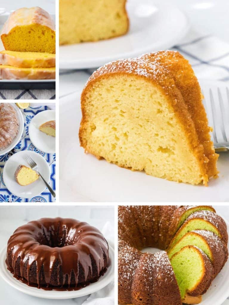collage image featuring five photos of instant pudding cakes.