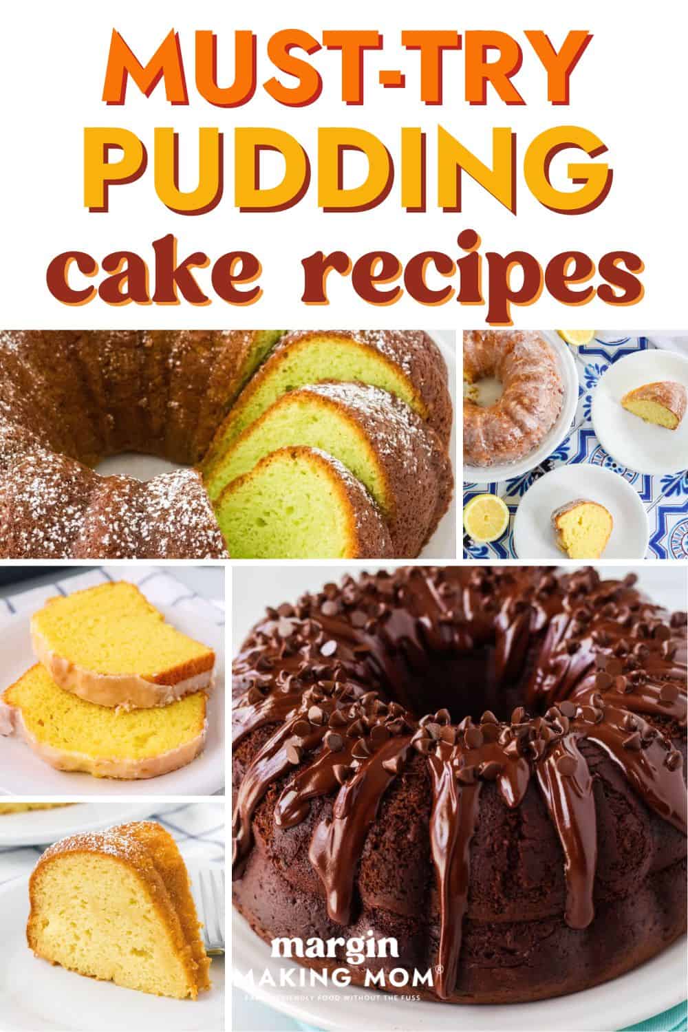 collage image featuring five different instant pudding cake recipes.