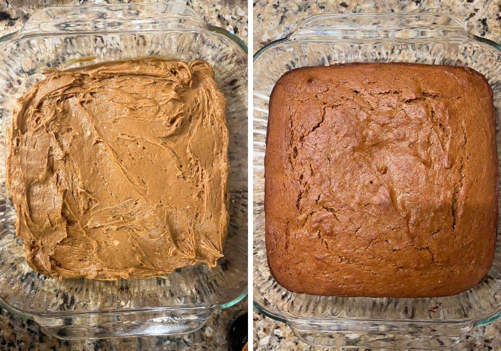 two photos; one shows molasses cake batter in a glass pan; the other shows the cake in the pan after baking.