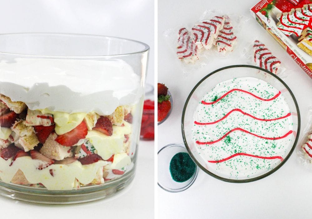 two photos; one shows a side view of a glass trifle dish, showing the layers of the trifle. The other shows icing and sprinkles on top of the trifle.