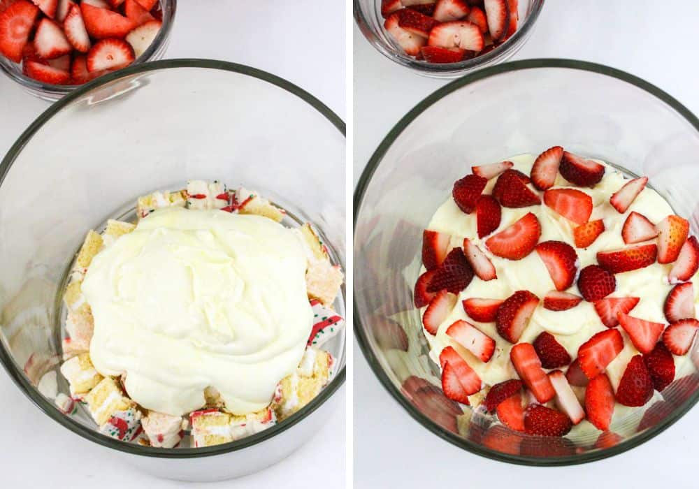 two photos; one shows a layer of vanilla pudding added over a layer of chopped Christmas Tree Cakes; the other shows strawberries added over the pudding layer.