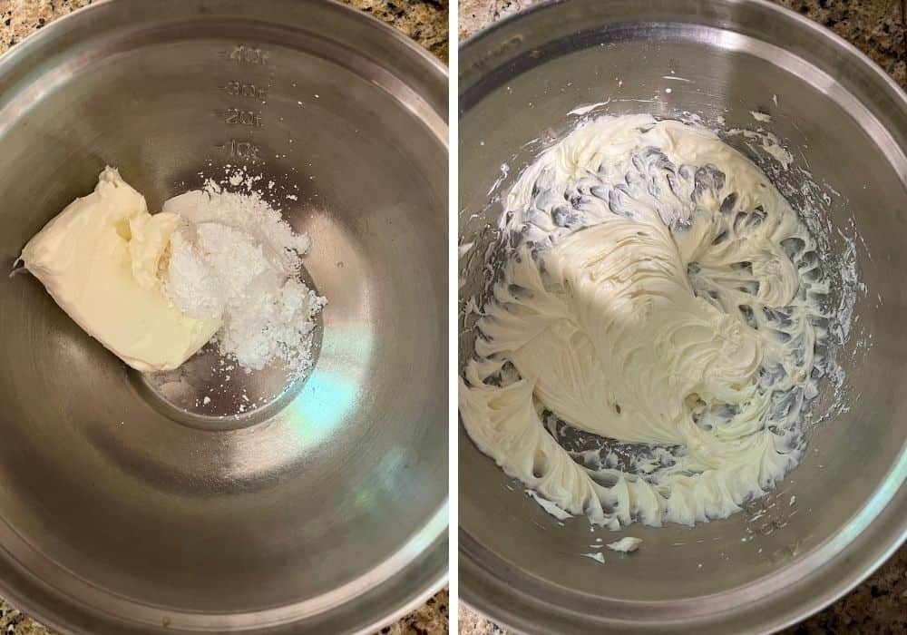 two photos; one shows a block of cream cheese and powdered sugar in a mixing bowl; the other shows the ingredients beaten together.