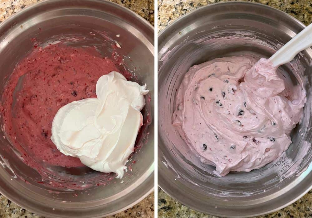 two photos; one shows Cool Whip added to cranberry mixture; the other shows the ingredients folded together.