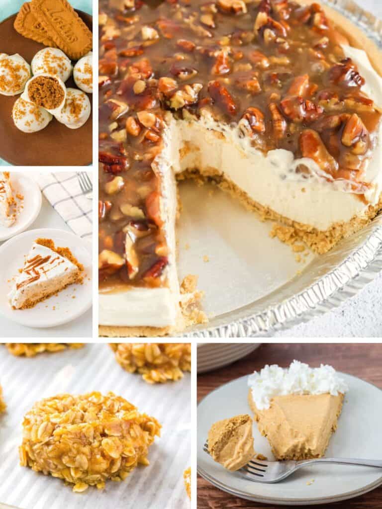 A collage of five different no bake Thanksgiving desserts that can be made ahead of time.