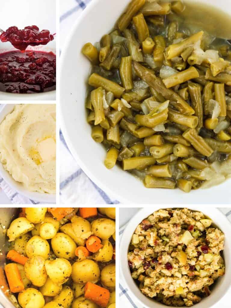 collage image of five photos of no-bake Thanksgiving sides.