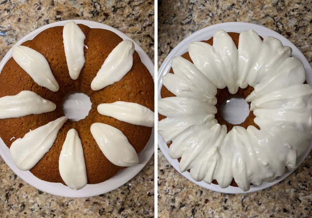 two photos; one shows cream cheese icing drizzled over part of the pumpkin cake; the other shows the whole pumpkin cake with cream cheese icing.