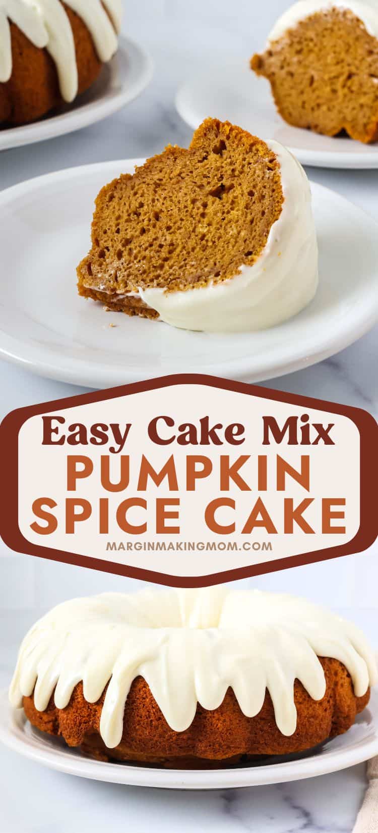 two photos; one shows a slice of cake mix pumpkin bundt cake with cream cheese icing served on a plate, with another slice in the background. The other photo shows the whole pumpkin cake mix cake on a white plate, drizzled with icing.