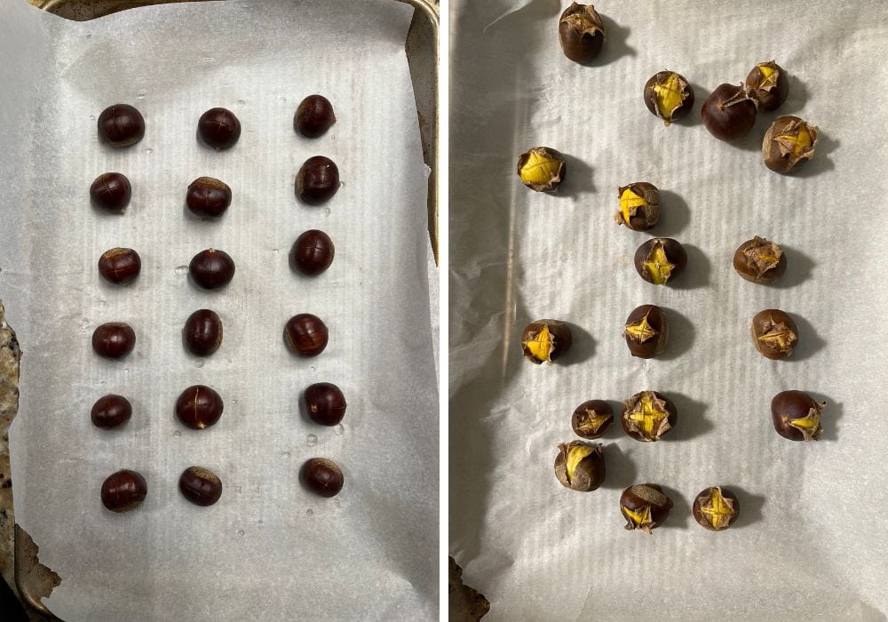 two photos; one shows scored chestnuts on a parchment-lined baking sheet; the other shows the roasted chestnuts on the baking sheet, with their shells peeling back.