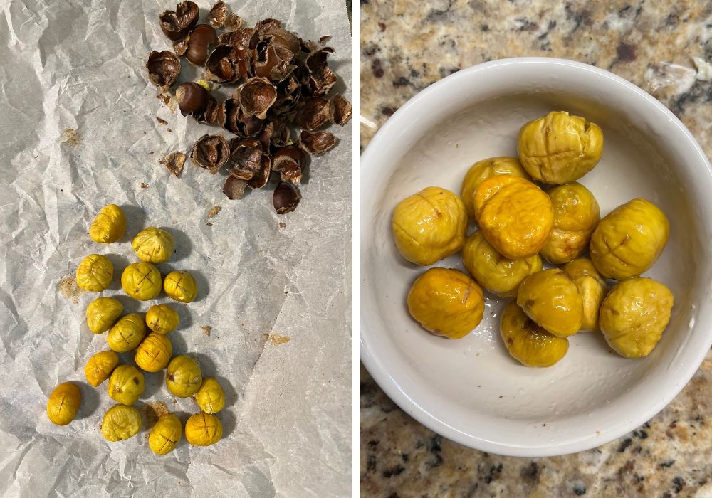 two photos; one shows peeled chestnuts next to their shells on a piece of parchment. The other shows chestnuts tossed with melted butter and sprinkled with salt in a small bowl.