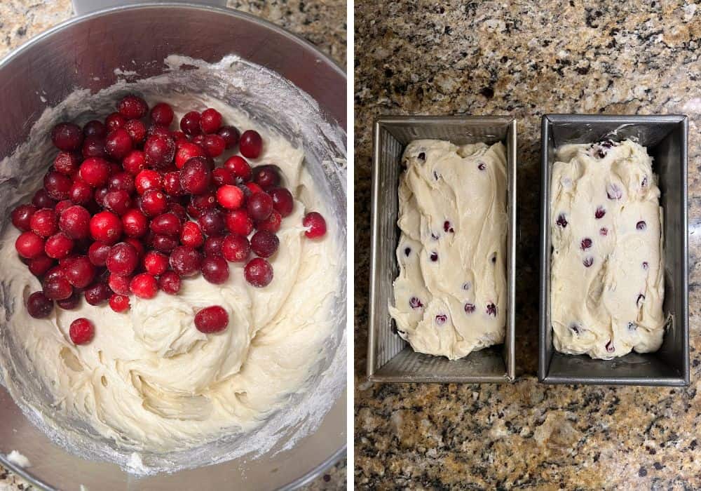 two photos; one shows whole cranberries added to the quickbread batter; the other photo shows two loaf pans filled with the cranberry bread batter.
