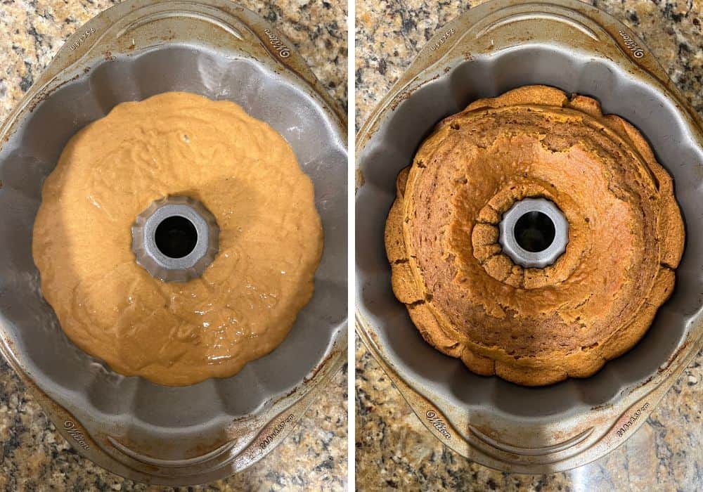 two photos; one shows pumpkin spice cake batter in a bundt pan; the other shows the cake in the pan after baking.