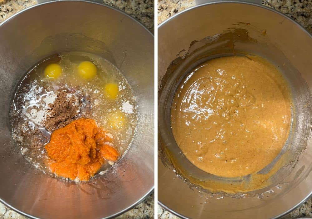 two photos; one shows ingredients for pumpkin spice bundt cake in a mixing bowl; the other shows those ingredients mixed together into a cake batter.