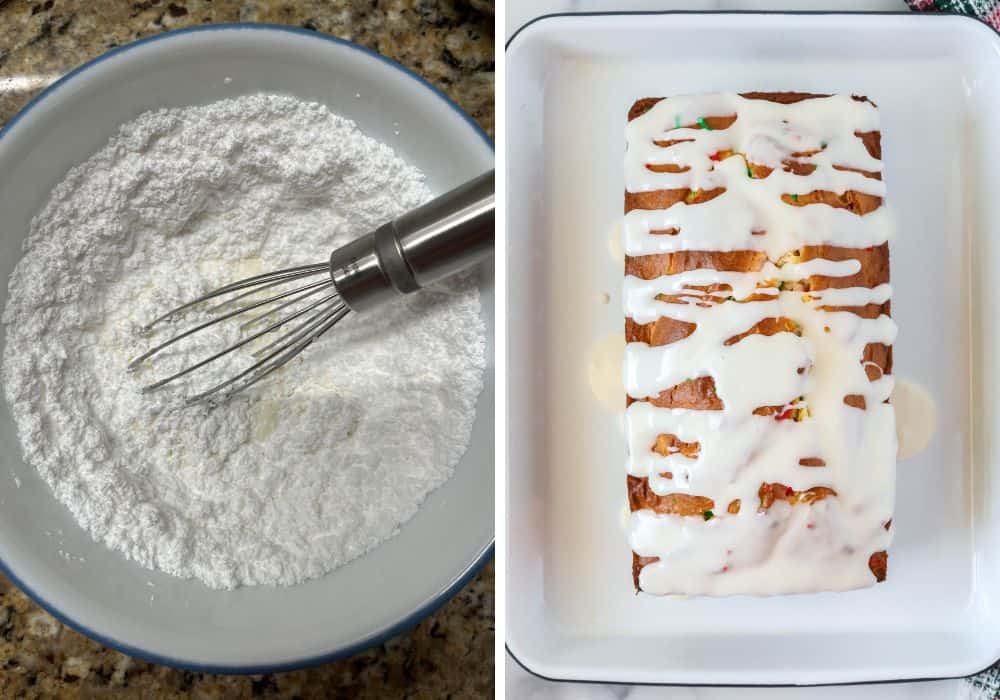 two photos; one shows glaze ingredients in a small bowl with a whisk; the other shows the icing drizzled over the top of the loaf of Christmas bread.