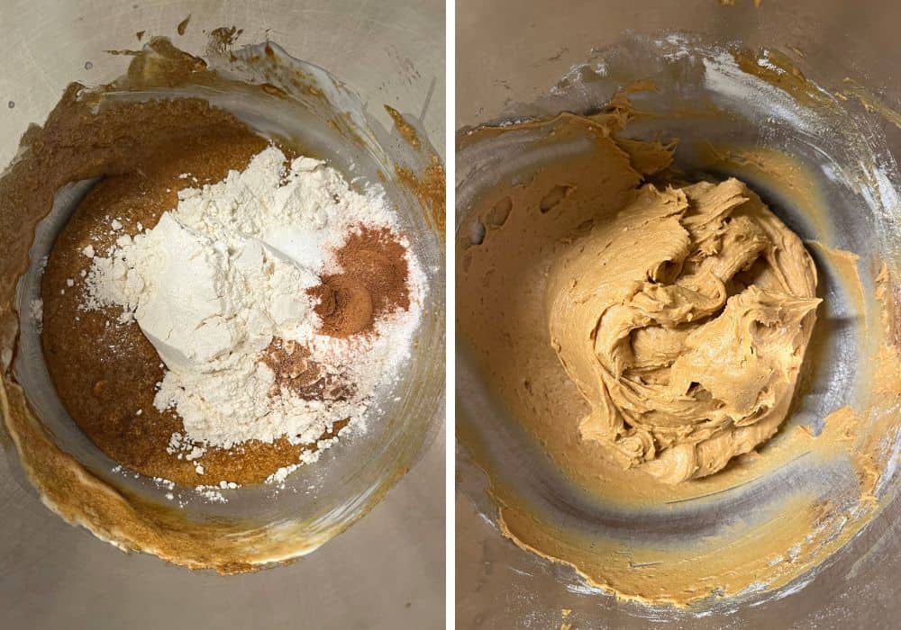 two photos; one shows dry ingredients added to wet ingredients; the other shows the thick molasses cake batter in the mixing bowl.