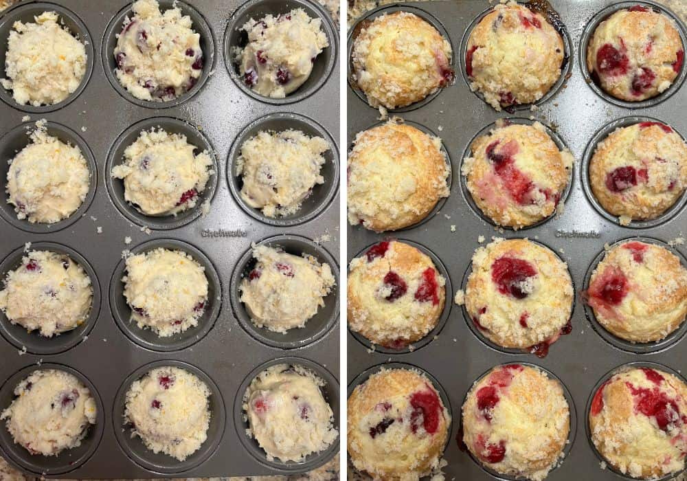 two photos; one shows streusel sprinkled over muffin batter; the other shows freshly-baked cake mix cranberry orange muffins topped with streusel, still in the muffin tin.
