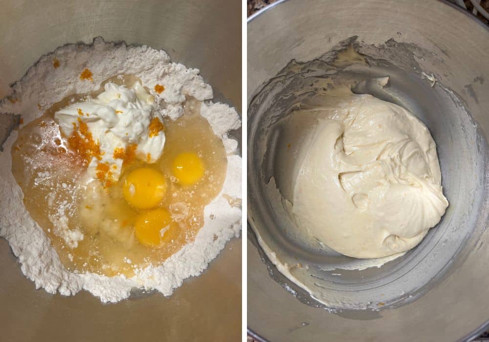 two photos; one shows ingredients for muffin batter in a mixing bowl; the other shows the ingredients mixed into a batter.