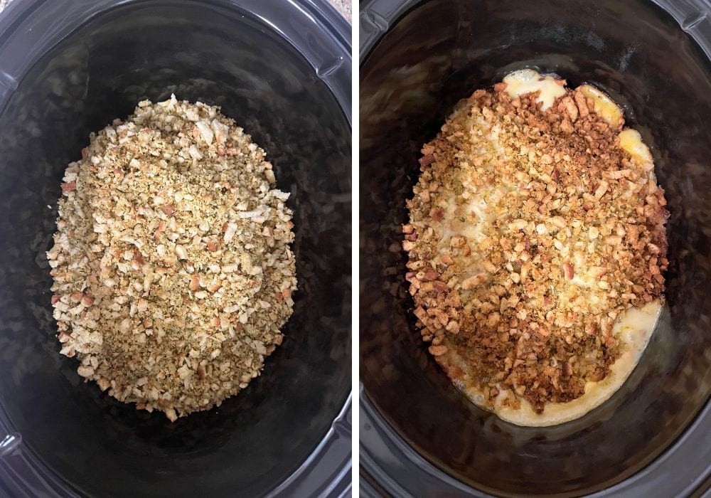 two photos; one shows stuffing mix sprinkled over chicken and sauce mixture in the slow cooker; the other shows the chicken and stuffing in the Crock Pot after cooking.