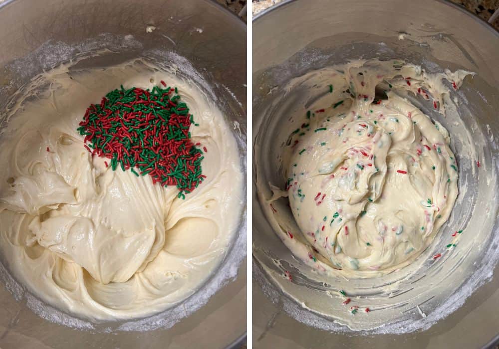 two photos; one shows Christmas jimmies sprinkles added to loaf cake batter; the other shows the sprinkles mixed into the batter.