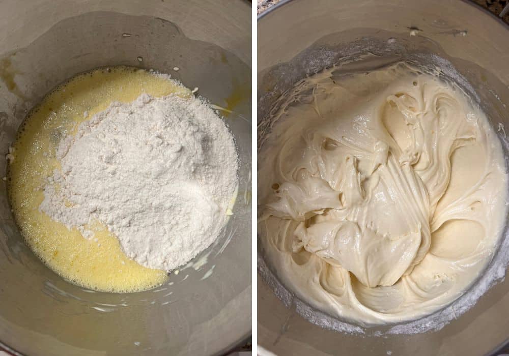 two photos; one shows cake mix added to the egg mixture in a mixing bowl; the other shows the batter for Christmas funfetti quqick bread.