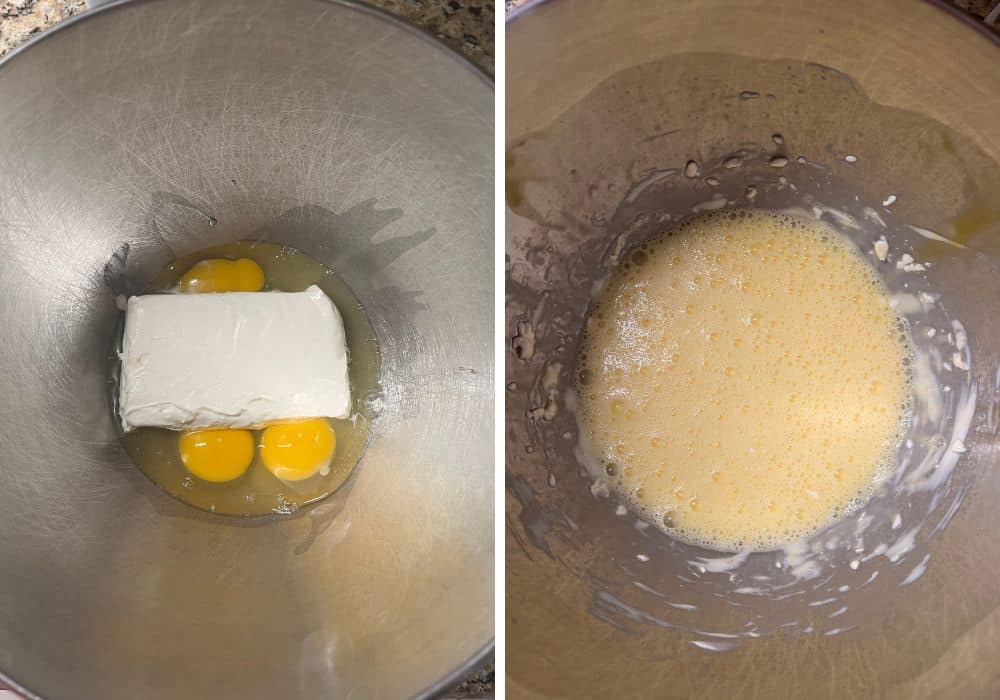 two photos; one shows cream cheese and eggs in a mixing bowl; the other shows those ingredients mixed together.