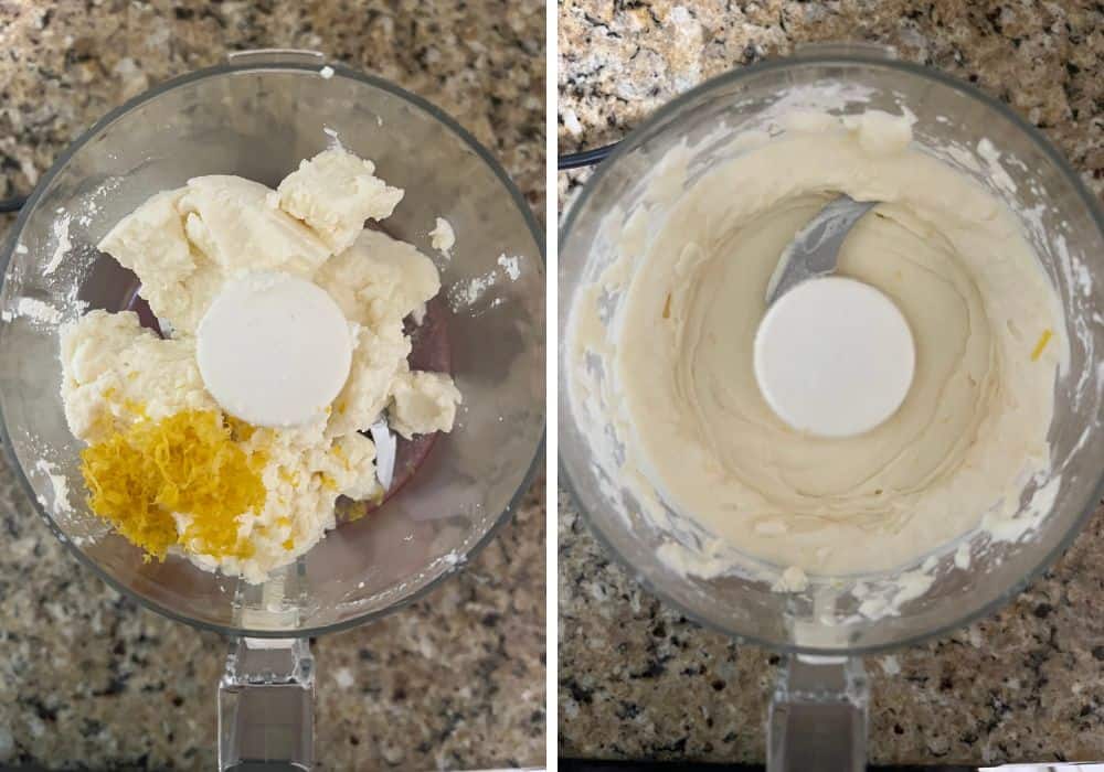 two photos; one shows ricotta cheese, lemon juice, and lemon zest in a food processor; the other shows those ingredients blended together.