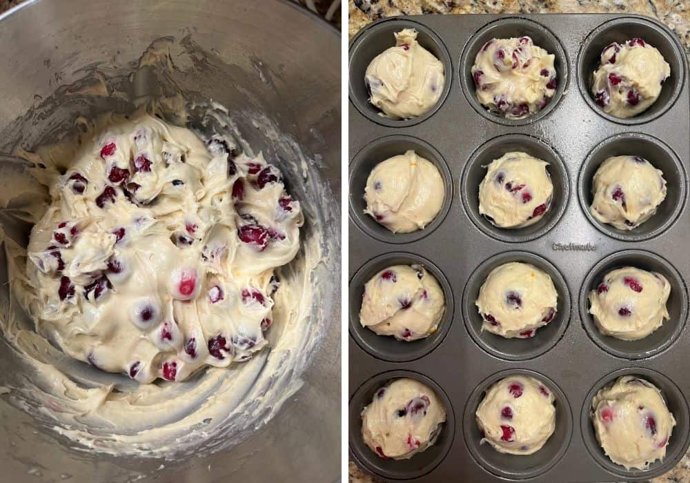 two photos; one shows cranberries folded into muffin batter; the other shows the muffin batter divided among wells in a muffin pan.