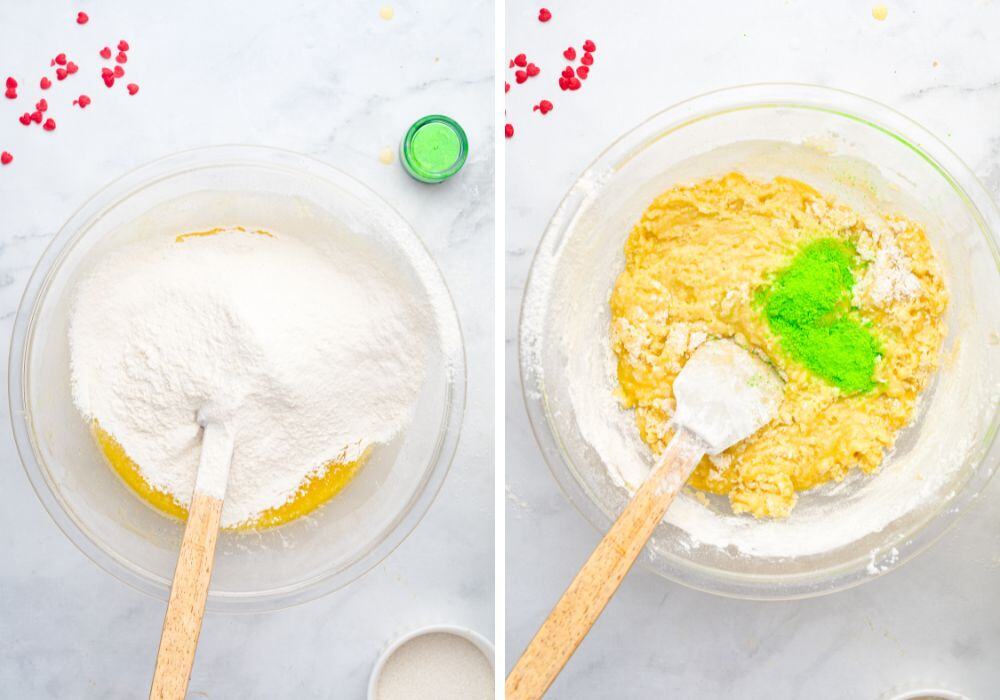 two photos; one shows dry ingredients added to the wet ingredients in a mixing bowl; the other shows food coloring added to the bowl.