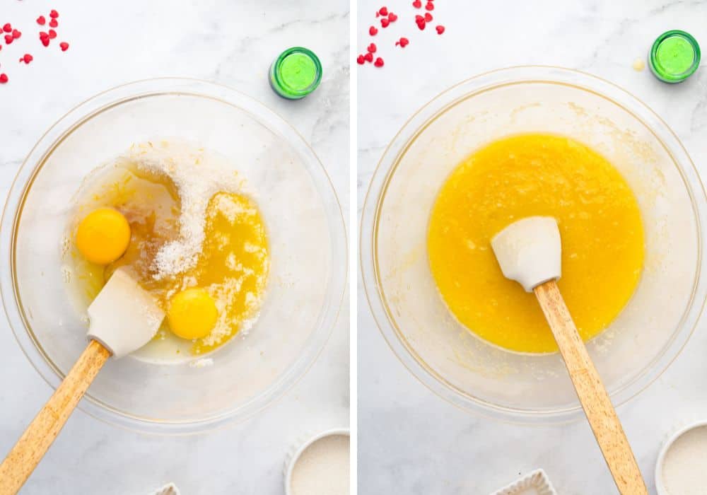 two photos; one shows eggs, melted butter, sugar, ad flavor extracts in a mixing bowl; the other shows the ingredients mixed together.