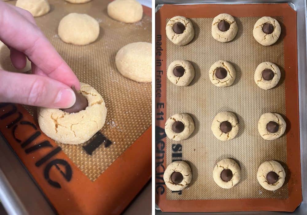 two photos; one shows a hand pressing a Hershey Kiss into a peanut butter cookie; the other shows the Hershey Kiss cookies lined up on a baking sheet.
