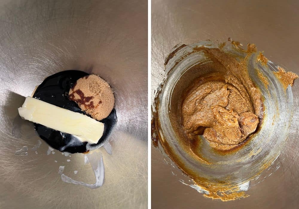 two photos; one shows butter, molasses, and brown sugar in a mixing bowl; the other shows those ingredients mixed together.
