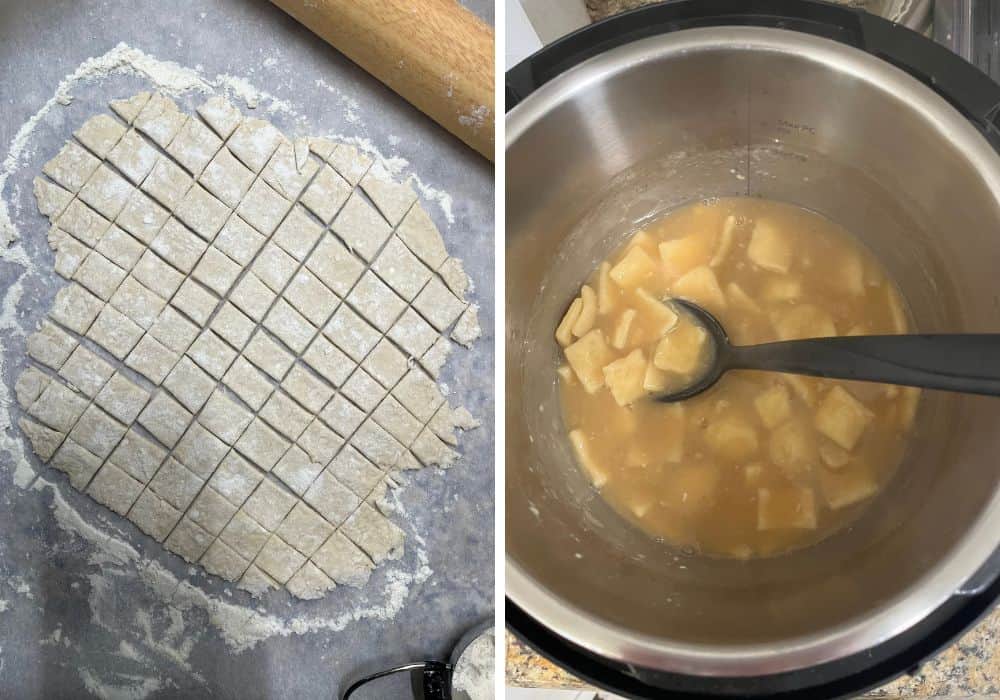two photos; one shows dumpling dough rolled out flat and cut into squares; the other shows the dumplings cooked in the broth in the Instant Pot.