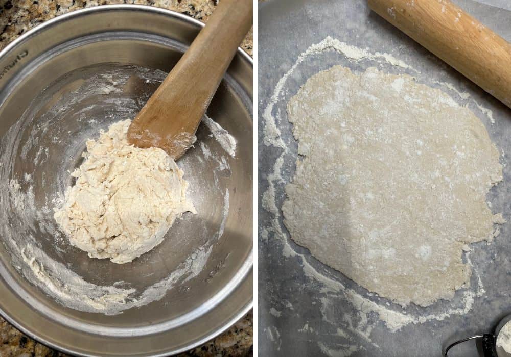 two photos; one shows dumpling dough mixed with a wooden spoon in a mixing bowl; the other shows the dough rolled out onto a floured surface.