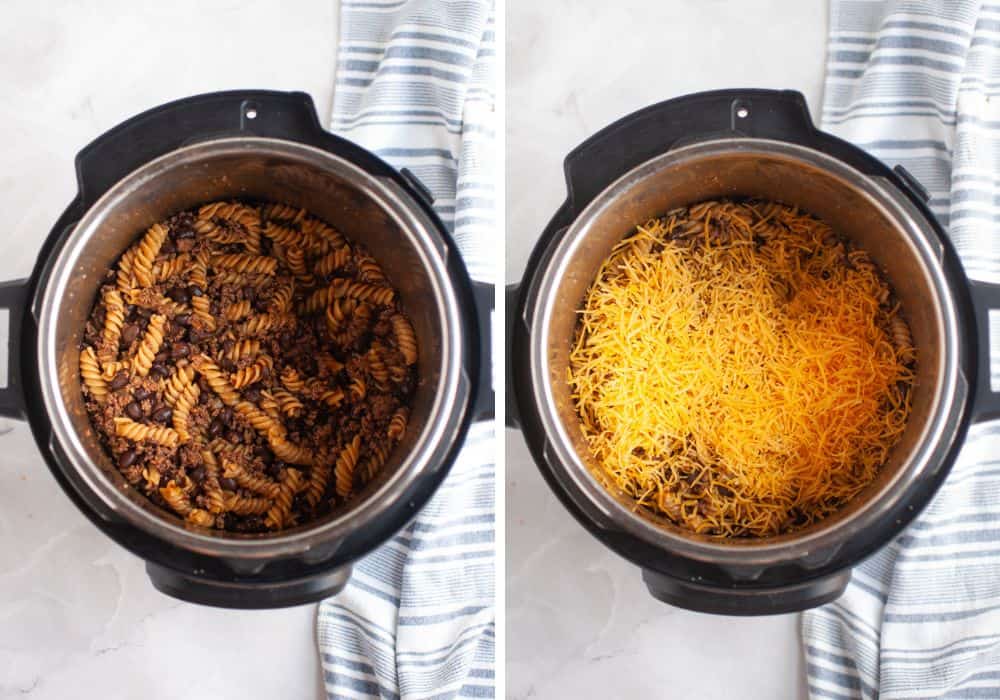 two photos; one shows cooked enchilada pasta in the Instant Pot; the other shows shredded cheese added on top.