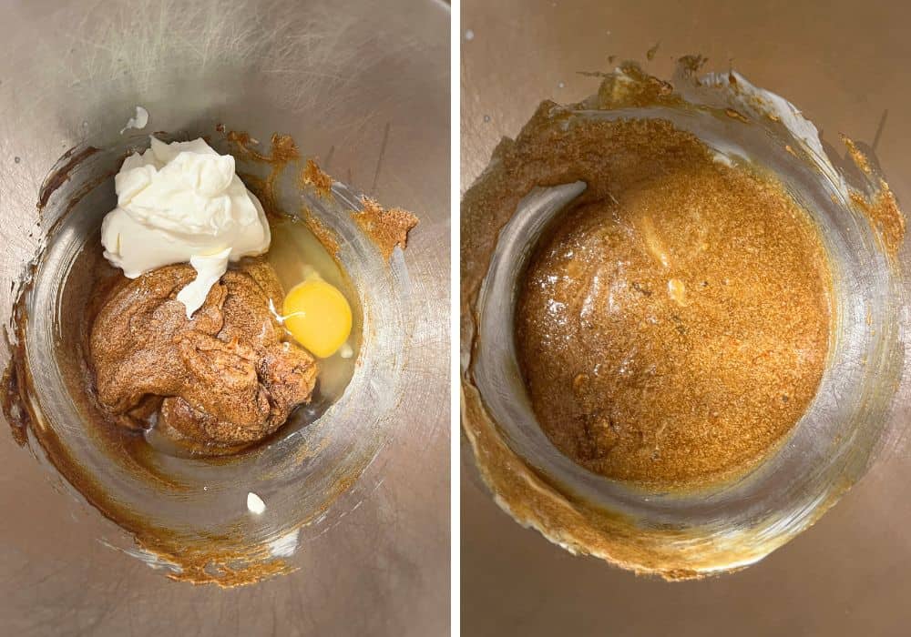 two photos; one shows sour cream and egg added to the mixing bowl; the other shows those ingredients mixed together.