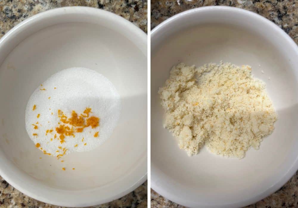 two photos; one shows orange zest and sugar in a small bowl; the other shows the two ingredients combined.