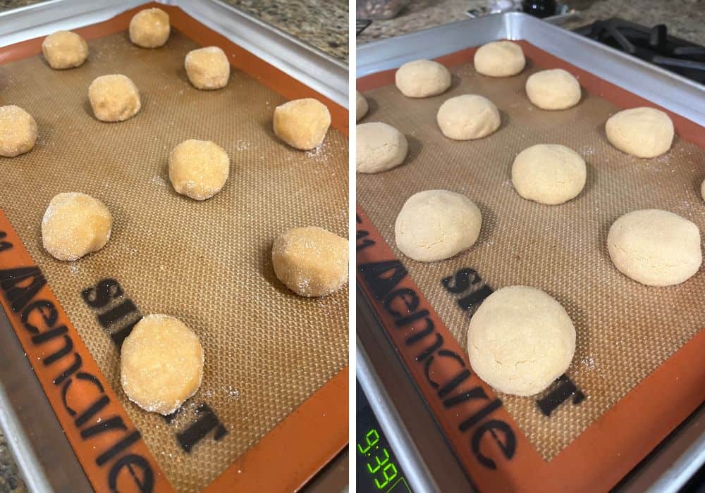two photos; one shows the rounds of dough rolled in sugar and placed on a lined baking sheet; the other shows the cookies on the baking sheet fresh out of the oven.