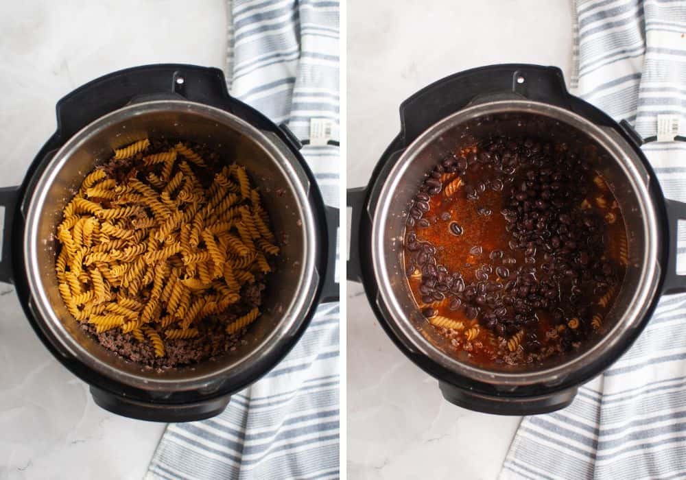 two photos; one shows pasta added over ground beef in the Instant Pot; the other shows other ingredients added to the pot.