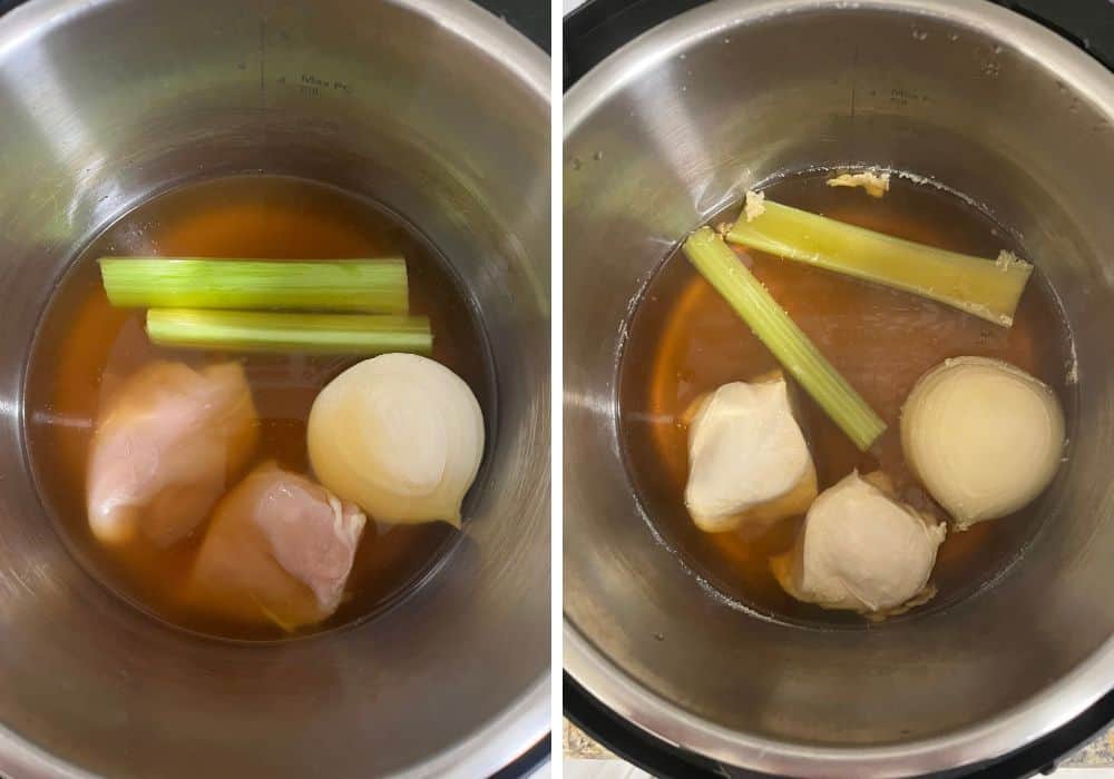 two photos; one shows chicken breast pieces, celery, and onion in broth in the Instant Pot. The other shows the same ingredients after pressure cooking.