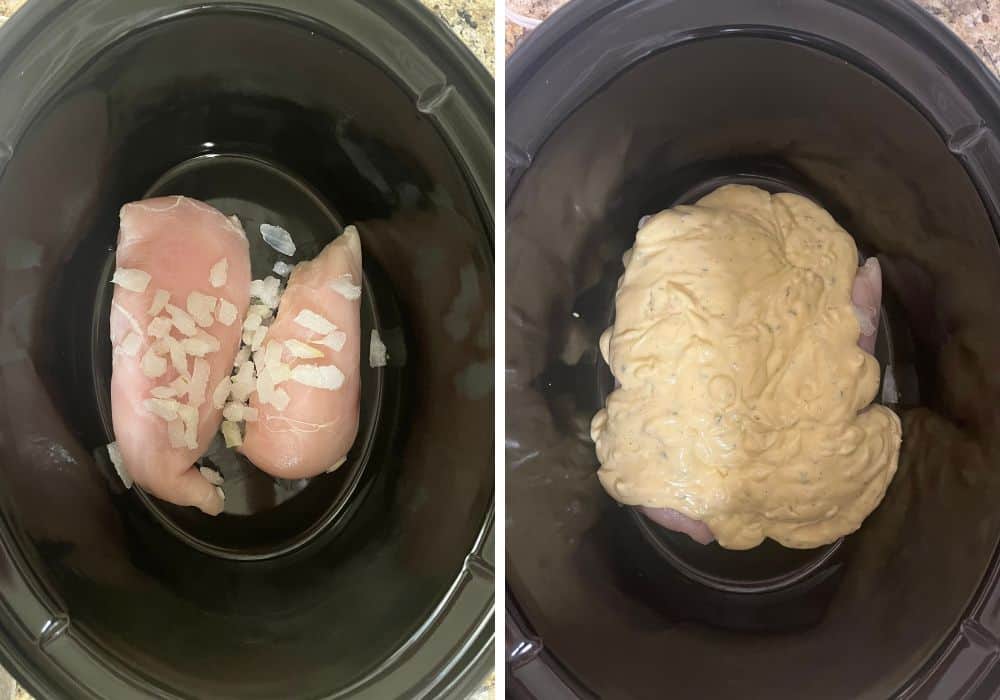 two photos; one shows two chicken breasts and diced onions in a slow cooker; the other shows the sauce mixture spread over the chicken.